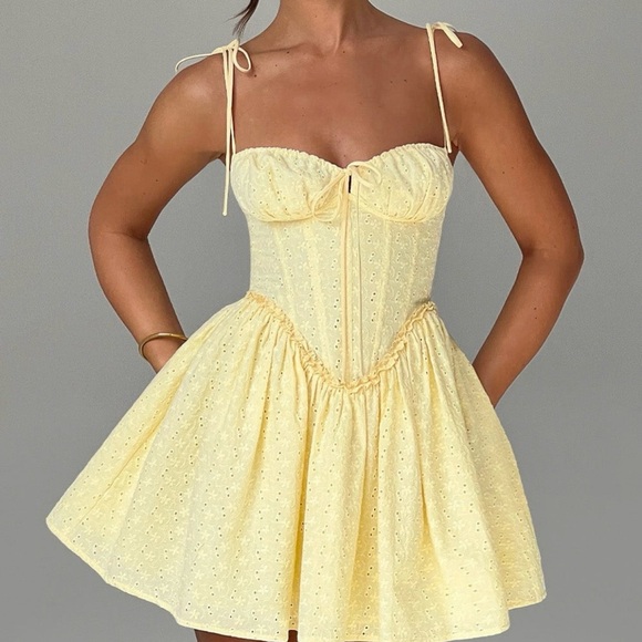 Babyboo Fashion Dresses & Skirts - Yellow Eyelet Tie-Shoulder Mini Dress